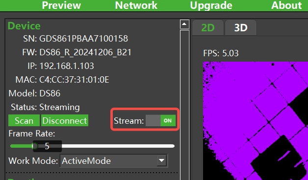 Camera video stream status by ScepterGUITool.